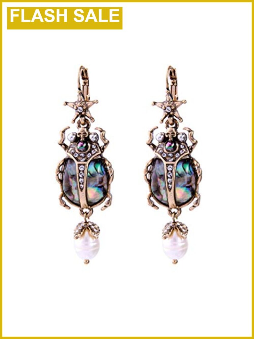 Vintage Scarab Dangle Drop Earrings Gold Tone Metal Abalone Shell Pearl Women